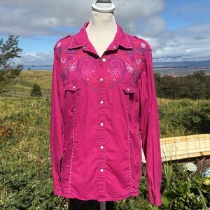 Panhandle Slim Pink Embroidered Western Rodeo Long sleeve top pearl snap L